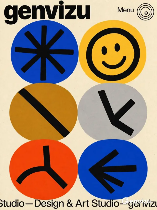 A vertical modernist poster with a warm ivory background. Large black sans-serif text 'genvizu' at the top left. A menu icon and text at the top right. Six large, near-touching circles dominate the center, each with a unique black abstract graphic inside.
