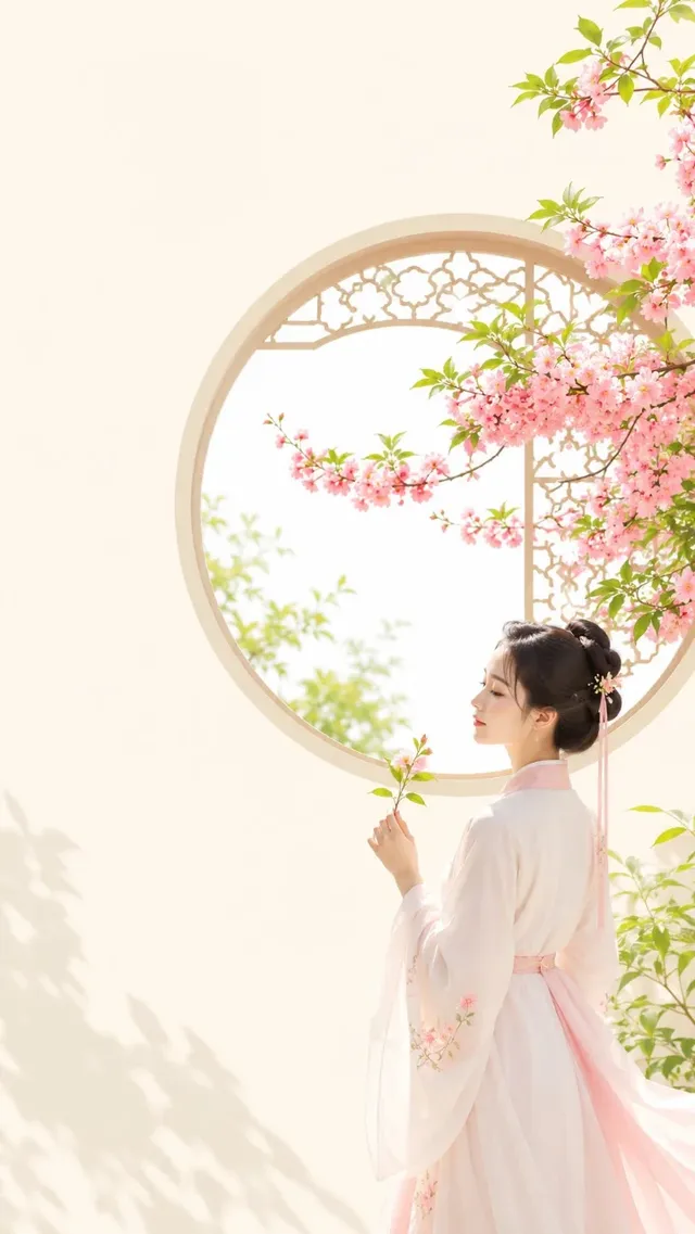 A graceful ancient Chinese woman in light-colored clothing, holding a small flower, stands near a circular window with floral motifs. The background is a warm, off-white, emphasizing a bright and clean spring aesthetic.