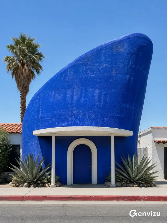 Straight-on documentary photograph of a surreal roadside building. The upper facade is a large, asymmetrical, rounded cobalt-blue sculptural volume with visible brushstrokes and stucco texture. Below is a deep blue arched door with white trim and a curved canopy.