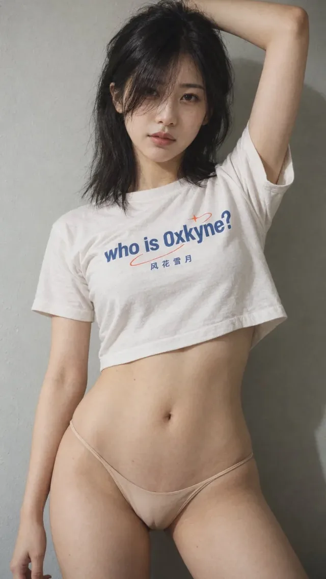 A young East Asian woman with black shoulder-length hair, wearing a white crop top with blue text and orange accents, posing in a minimalist gray studio with soft lighting.