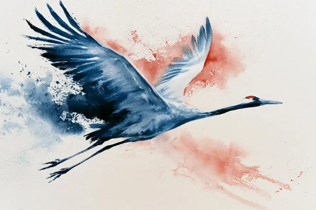 A minimalist watercolor painting inspired by Sumi-e, with traditional ink wash techniques blended with modern watercolor splashes in primary and accent colors.