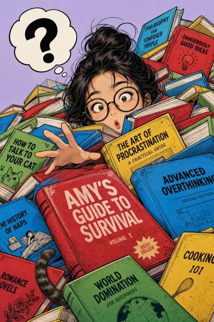 Young woman with glasses and a cat tail, buried under a huge pile of colorful books, looking shocked.