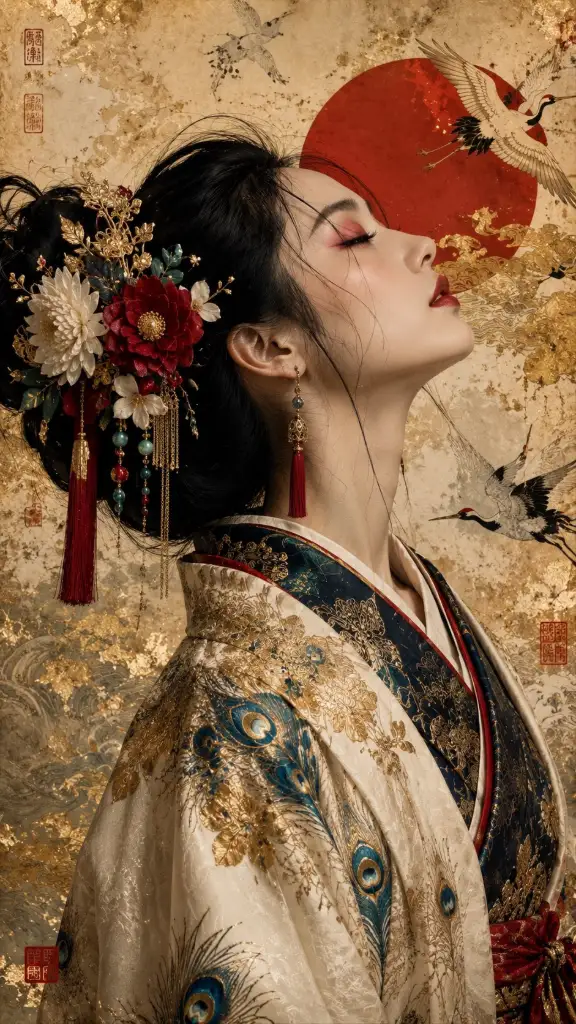 Hyper-detailed portrait of a beautiful Japanese woman in profile, eyes closed, wearing an elaborate kimono and kanzashi hair ornament. The background features Ukiyo-e elements like a rising sun and cranes.