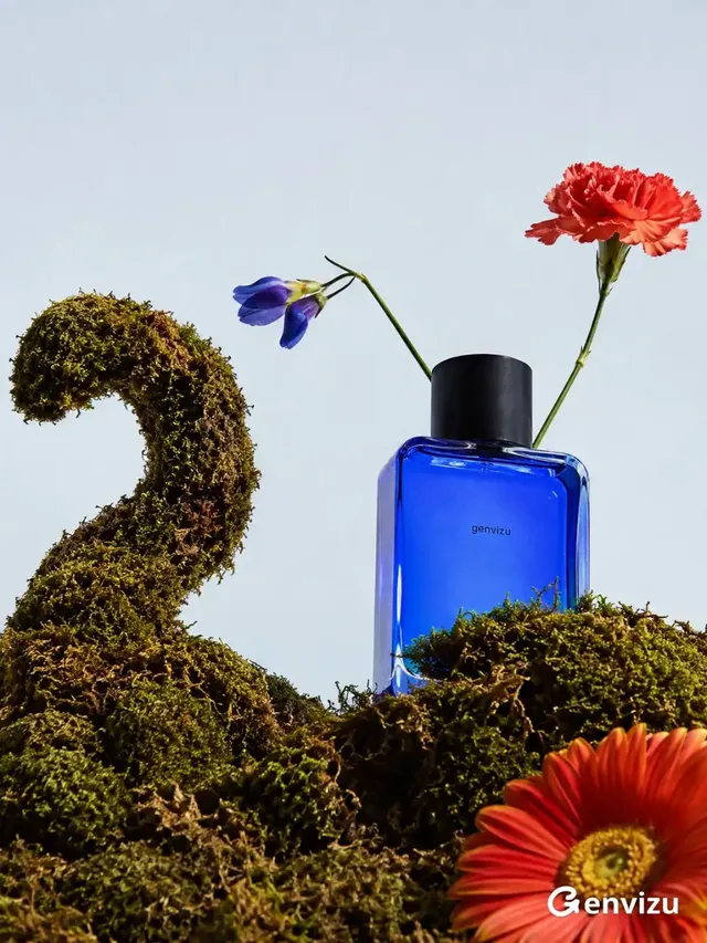 A vertical, 3:4 aspect ratio experimental perfume advertisement. A transparent cobalt blue bottle with a matte black cap stands on a mossy hill. A small blue-purple flower, a coral carnation, and a red-orange daisy are arranged around it. The background is a light, cool, icy blue with a large blank space at the top. Hard, clean studio lighting from the front left creates sharp shadows and highlights.
