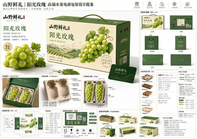 Professional packaging design proposal for premium fruit e-commerce, showcasing a large, detailed mockup of a luxury gift box with surrounding technical diagrams and specifications.