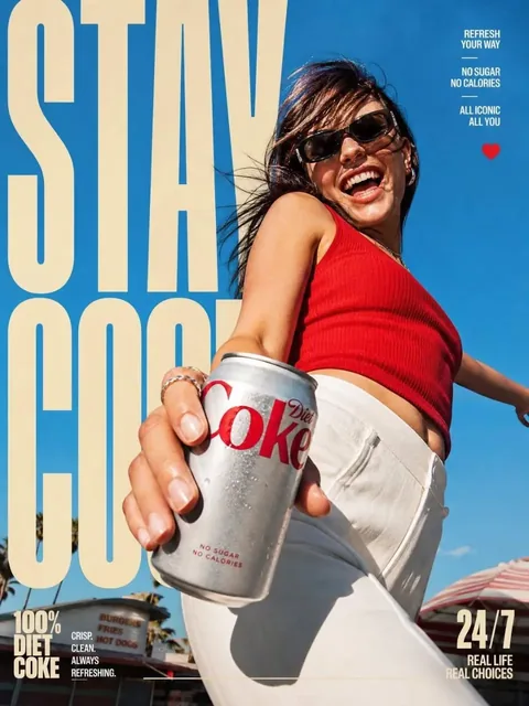 An editorial action poster with a large diagonal subject, bold cream text, and a bright sky.