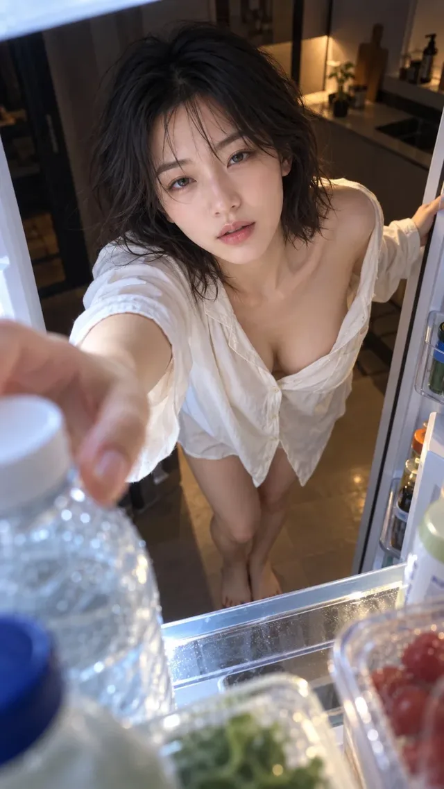 An unusual high-angle shot inside a refrigerator looking down at a sleepy woman in a loose ivory nightshirt reaching for water in the dark.