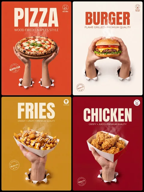A bold food advertisement poster featuring a hyper-realistic food item, hands emerging from torn paper, and prominent typography.