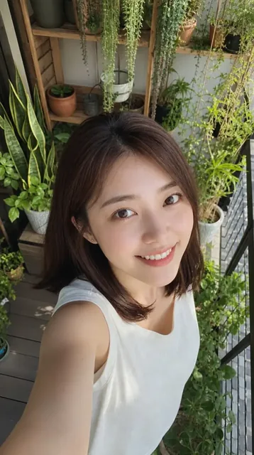 High-angle selfie of a young East Asian woman with brown hair, smiling warmly, wearing a white sleeveless top, taken on a balcony with many houseplants and soft daylight.