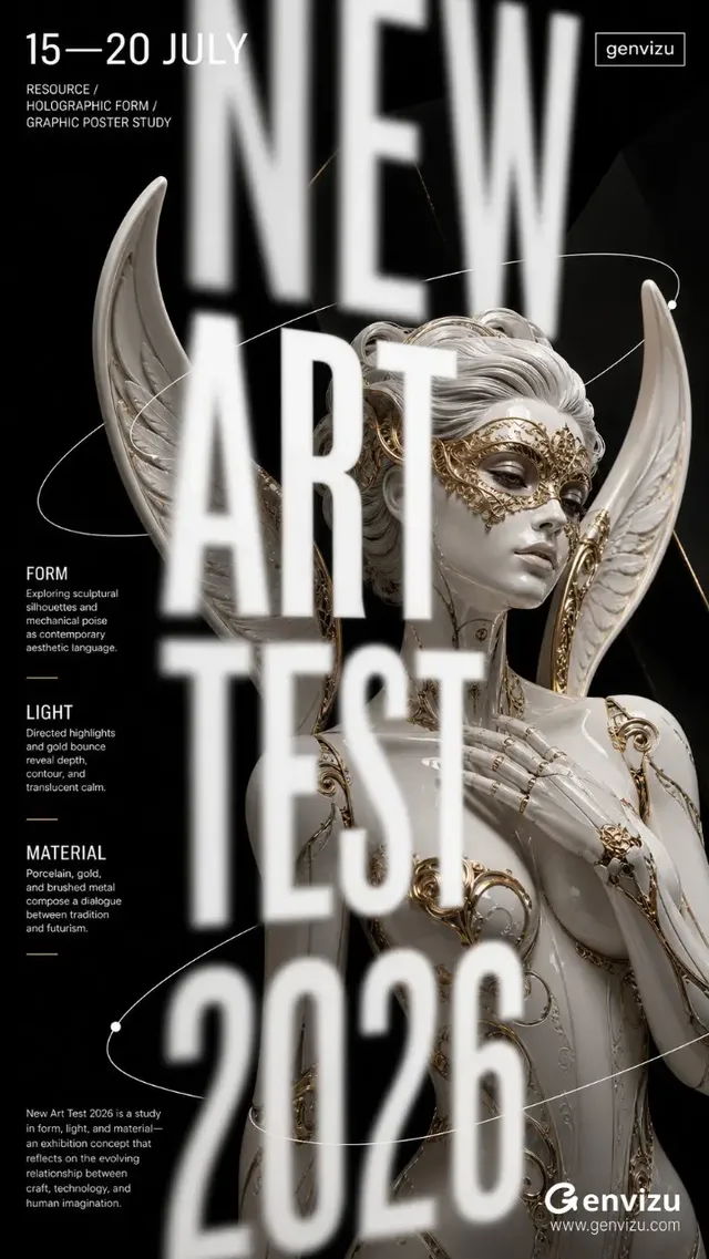 Vertical 9:16 poster featuring a detailed porcelain android sculpture with gold accents and ivory wings, overlaid with large, blurred typography and editorial text.