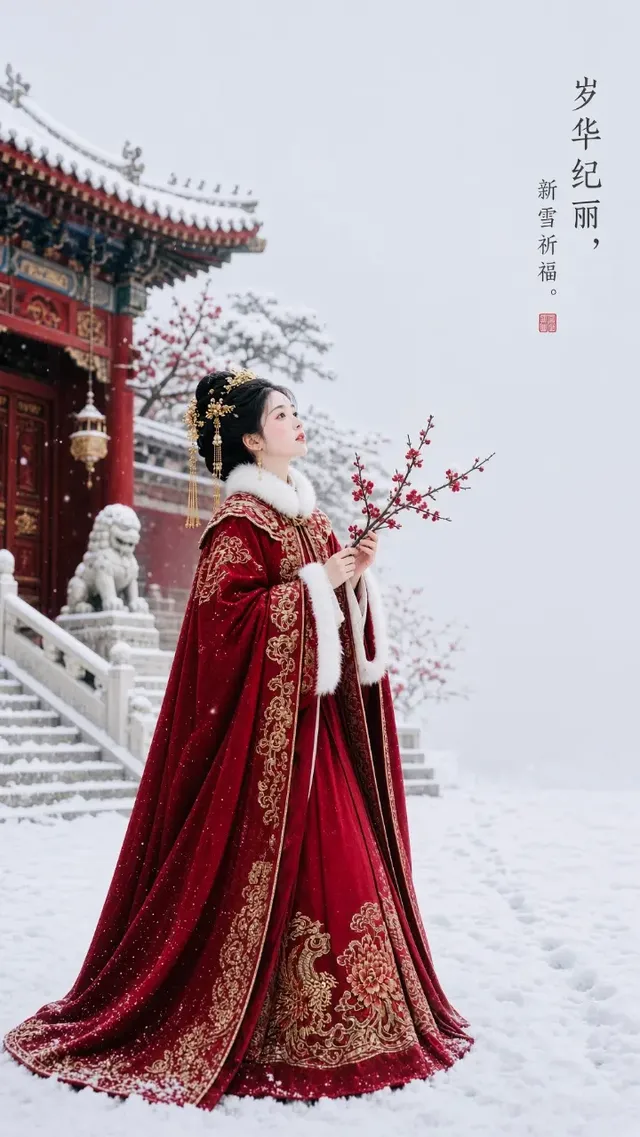 A vertical photo of a young woman in Ming Dynasty winter attire holding snowy red plum branches against a serene snowy background.