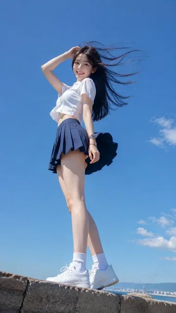 Full-body outdoor portrait of a young East Asian woman in a white top and navy skirt, her long hair and skirt flowing dynamically in a strong summer wind under a bright blue sky.