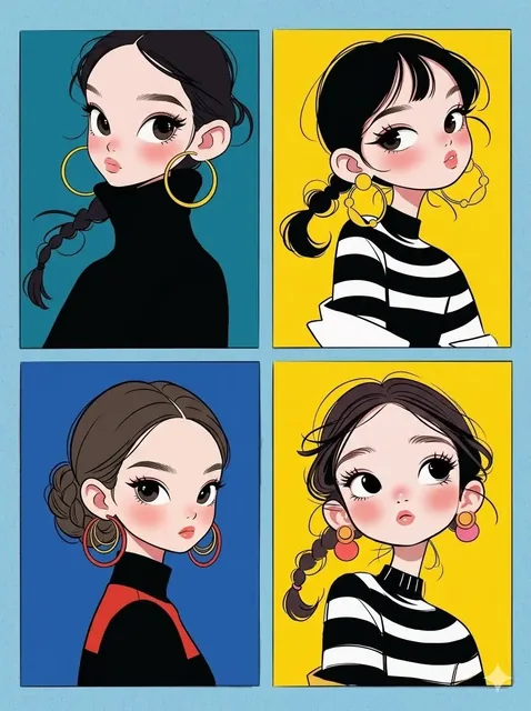 Four panels in a grid, each showing a stylish chibi girl with large eyes and trendy fashion, against solid color backgrounds.
