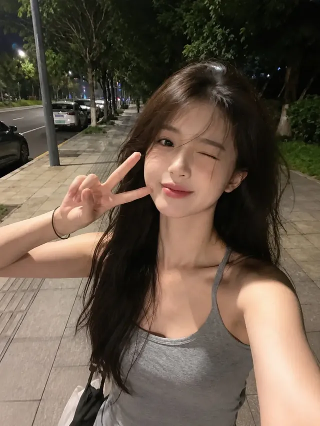 Ultra-realistic night selfie of a young East Asian woman with long dark hair, fair skin, and glossy lips making a duck-face. She wears a gray camisole and holds a phone, standing on a city sidewalk with streetlights and trees.