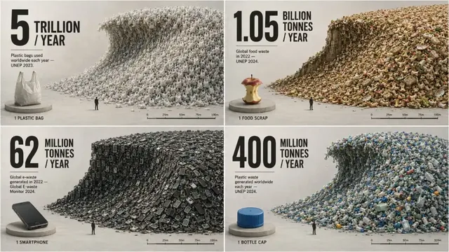 An isometric 3D render showing billions of tiny cubes, each representing a micro-action, forming a massive dune-like sculpture under soft studio lighting, with a single cube in the