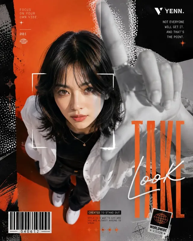 A Y2K-style fashion poster with a woman framed by an oversized hand and split color/grayscale halves, featuring bold typography and graphic elements.
