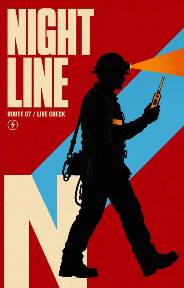 Black silhouette in side profile against a diagonal crimson and ice-blue background. A single, saturated prop is the focus, with text elements like 'NIGHT LINE' and a large cropped letter at the bottom.