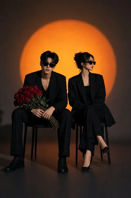 A young man and woman in stylish black outfits and sunglasses sit side-by-side in a studio, bathed in a dramatic circular orange spotlight against a dark background, holding roses.