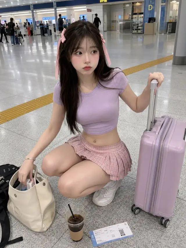 A young East Asian woman with a playful pout, dressed in a pale purple t-shirt and pink plaid skirt, crouches in an airport terminal, holding a suitcase, captured in a realistic, candid style.