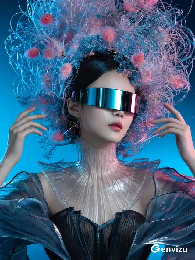 Chest-up portrait of an East Asian woman with a chrome visor covering her eyes and an elaborate sculptural halo above her head, set against a teal-to-cyan gradient.