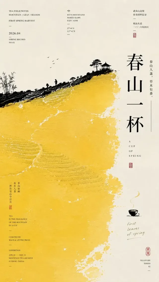 Minimalist Chinese art exhibition poster with a dominant abstract color block, a thin black landscape element, and subtle narrative details, set against an ivory white background.