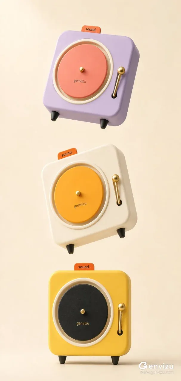 Three retro-futuristic mini record player speakers with rounded square bodies and colorful record players, arranged vertically against a plain ivory background with soft lighting.