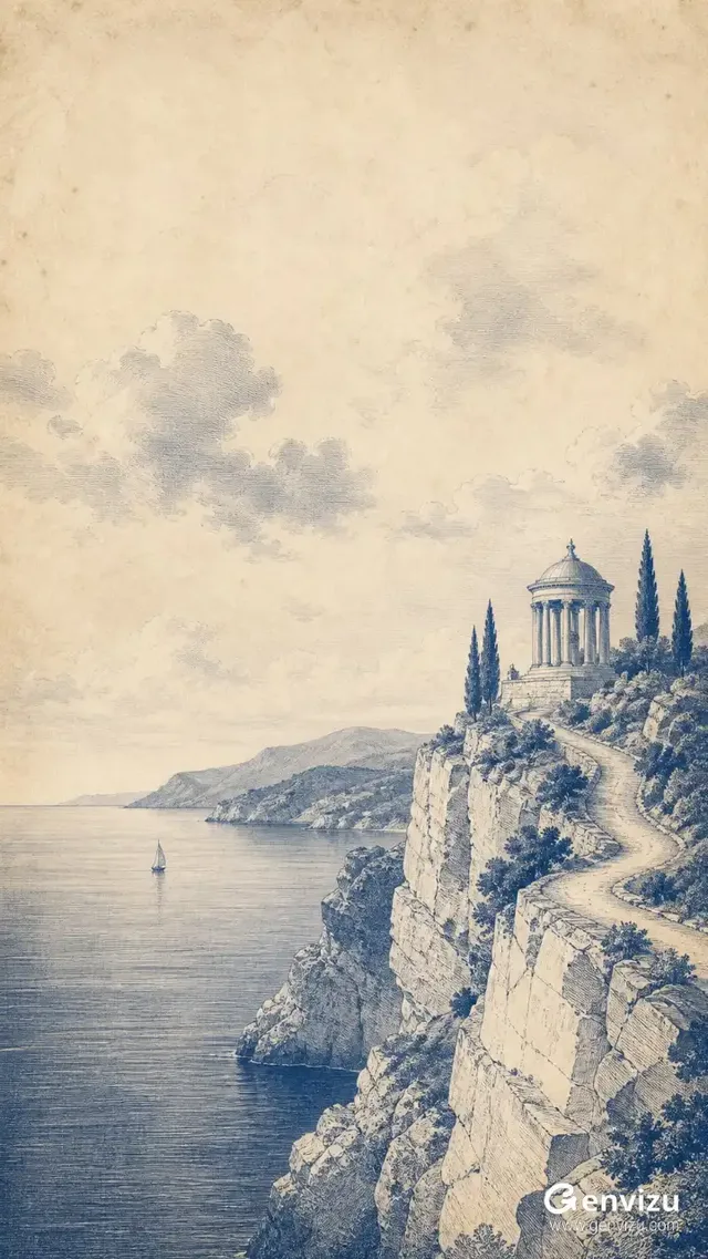 A vertical, monochrome print in faded ultramarine on warm white paper. Depicts a Mediterranean cliff coast with detailed rock formations, a winding path leading to a neoclassical rotunda, cypress trees, a calm sea with a small sailboat, and distant hills under a sky with light clouds.