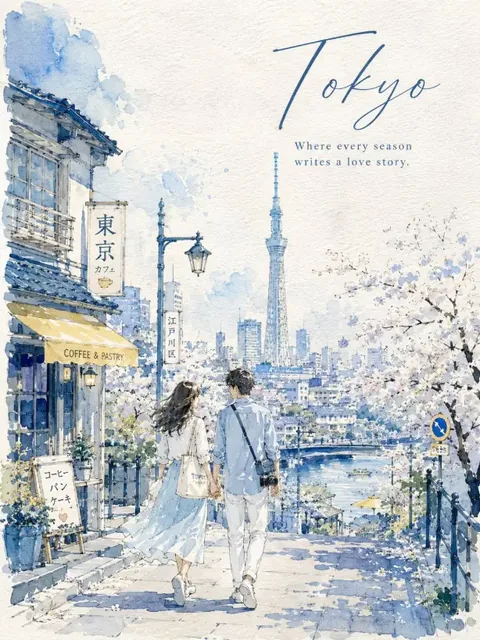 A vertical watercolor poster of a city scene with two people in the foreground, featuring elegant typography.