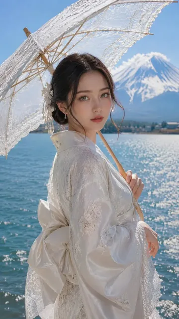 Ultra-realistic portrait of a young East Asian woman in a white lace kimono, holding a parasol, standing by a lake with Mount Fuji behind her.