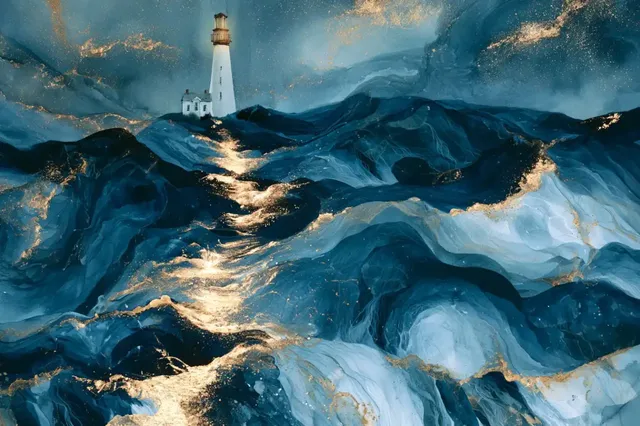 Watercolor marine dreamscape with fluid blending of underwater and above-water elements in soothing aquatic tones.