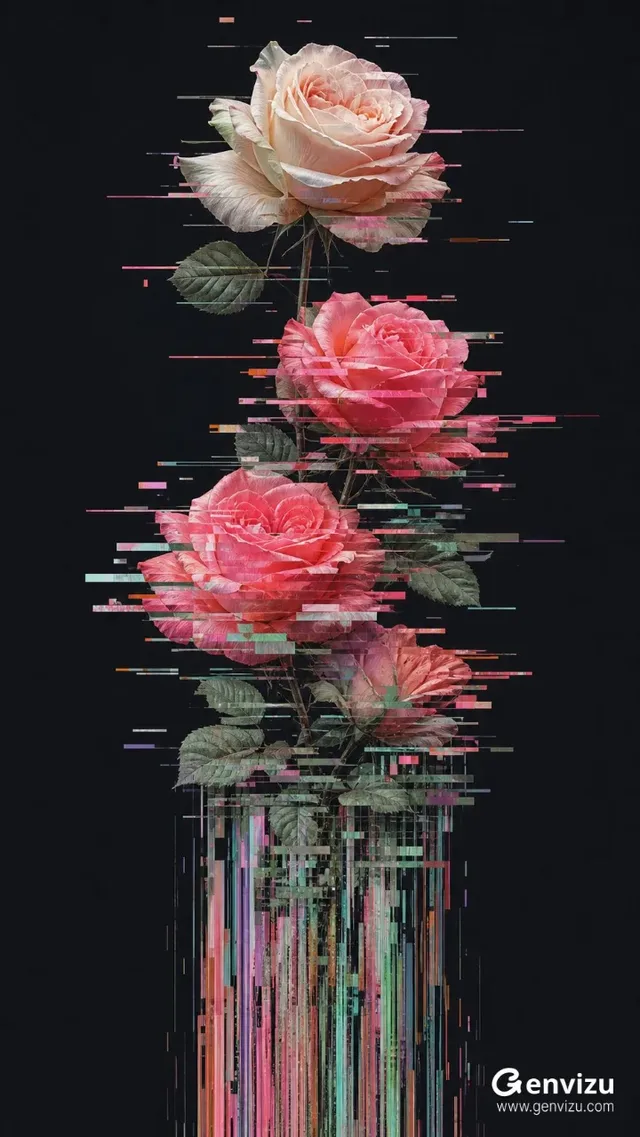 Vertical 9:16 glitch art still life. A rose branch with three to four large blooming roses in gradient colors of cream, peach, and coral, with sage green leaves, is centered against a dark charcoal background. Data corruption effects like horizontal rectangular slices, RGB scan lines, and color fragmentation are integrated, especially around the flowers and leaves, creating a surreal digital aesthetic.