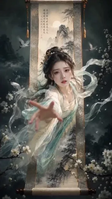 A stunning ancient Chinese woman with flowing hair and ethereal Hanfu dress emerges from a traditional ink wash landscape scroll, her hand reaching forward.
