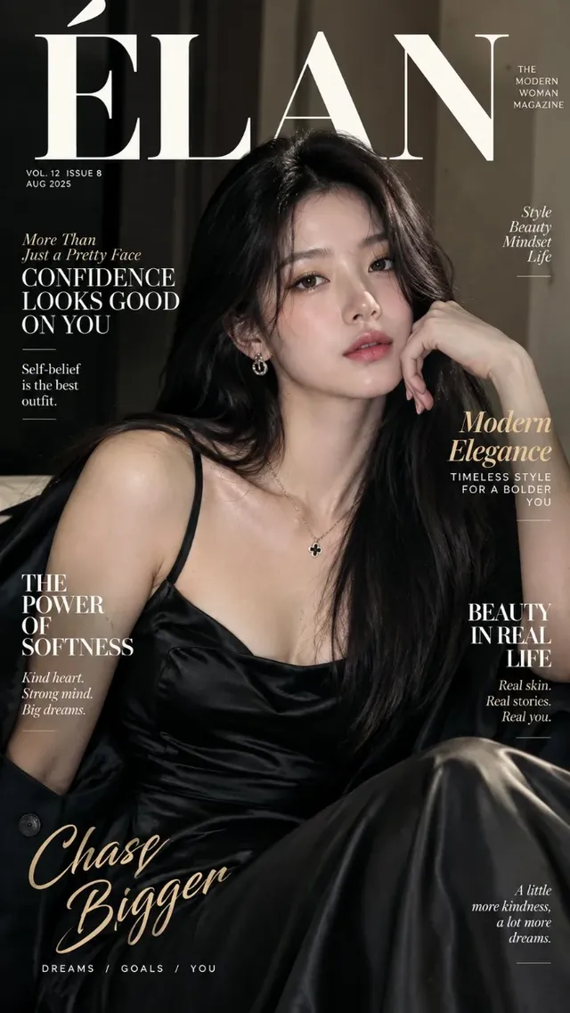 A striking, photorealistic magazine cover featuring a confident woman with dark hair in a black satin dress, elegant typography, and a sophisticated black and ivory color palette.