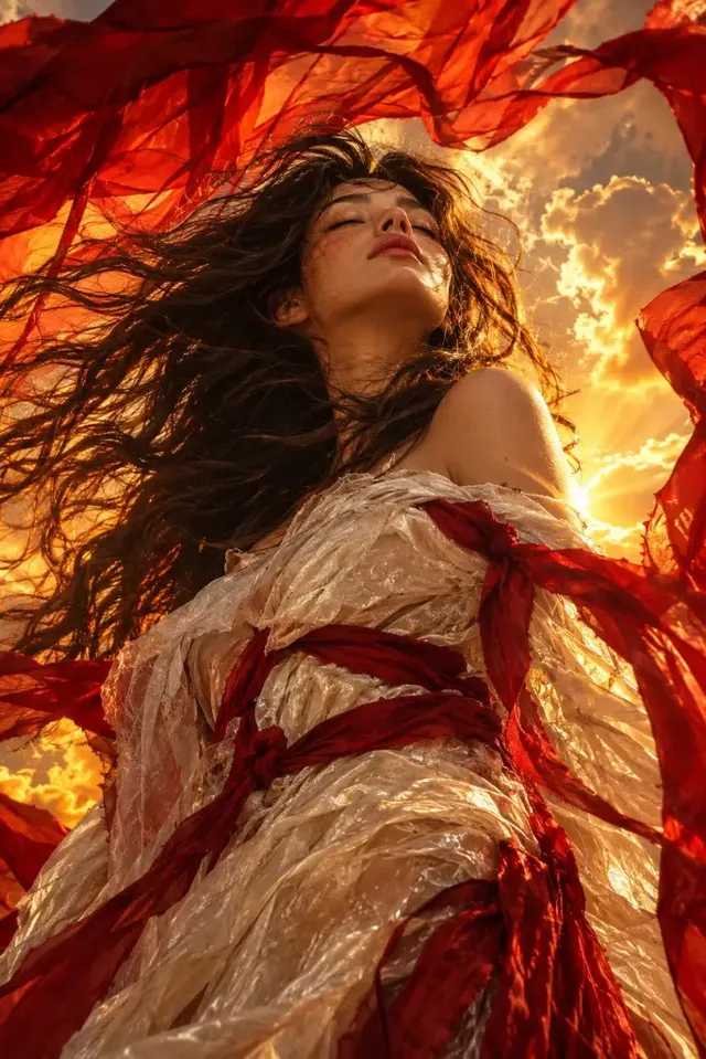 A dramatic fantasy portrait of a woman with wind-swept dark hair, eyes closed, wearing translucent ivory silk and crimson ribbons against a fiery sunset sky.