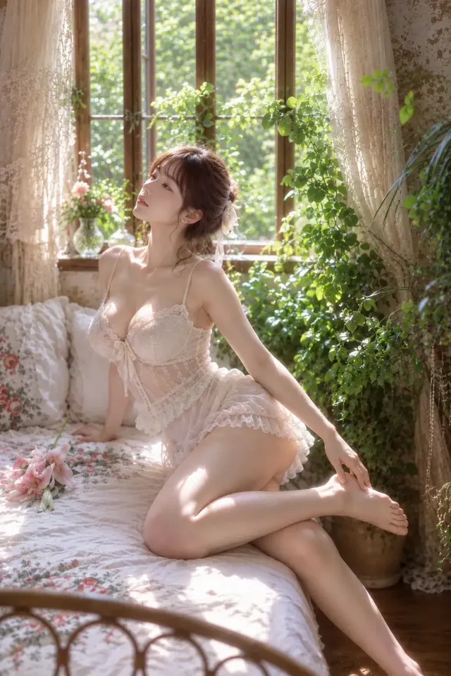 A woman with light brown hair in an ivory lace camisole rests on a floral bed, bathed in morning sunlight with leaf shadows on her skin. Lush plants surround her.