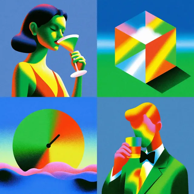 A collage of four stylized images: a woman drinking a cocktail, an abstract cube, a clock face over wavy water, and a man in a tuxedo holding a drink, all rendered in a vibrant, retro-futuristic style with bold color gradients and grainy texture.