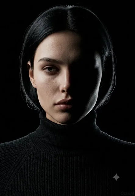 Avant-garde fashion portrait with 50/50 split lighting, subject looking down, black background with subtle engraving.