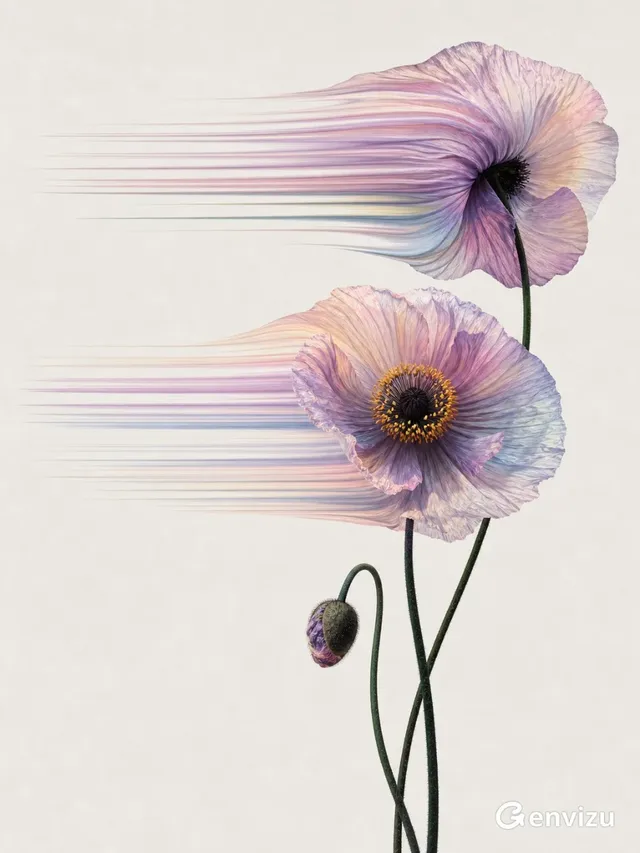 Minimalist digital art of two large poppy-like flowers with translucent, iridescent petals in soft pink, lavender, and cream, set against a warm gray-white background. Horizontal pixelated trails extend left from the flowers.