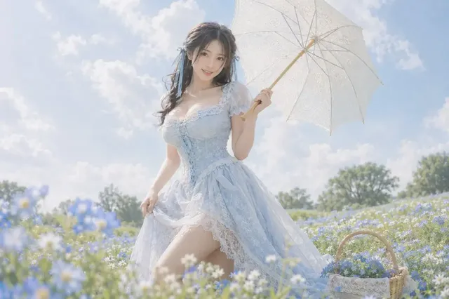 A realistic portrait of an East Asian woman with dark hair tied back with light blue ribbons, sitting in a field of blue and white flowers. She is looking down at a white lace parasol held to her right. She wears a light blue dress with puff sleeves and lace trim. The background is softly blurred with rolling hills and a pale blue sky.