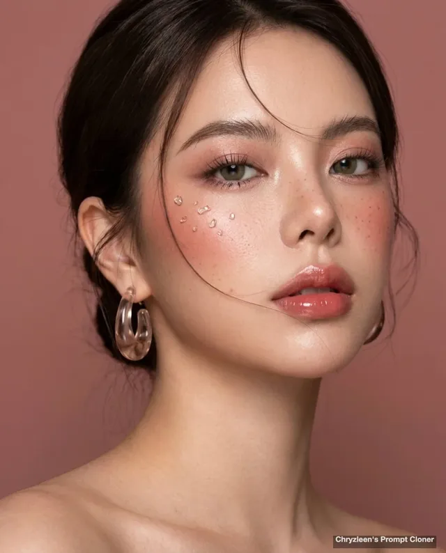 Extreme close-up studio beauty portrait of a woman with a three-quarter view, soft makeup, glossy lips, and a low updo, wearing drop earrings against a muted rose background.