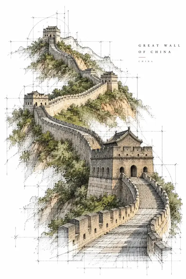 Vertical architectural master sketch poster of a landmark with precise ink lines and pure white negative space.