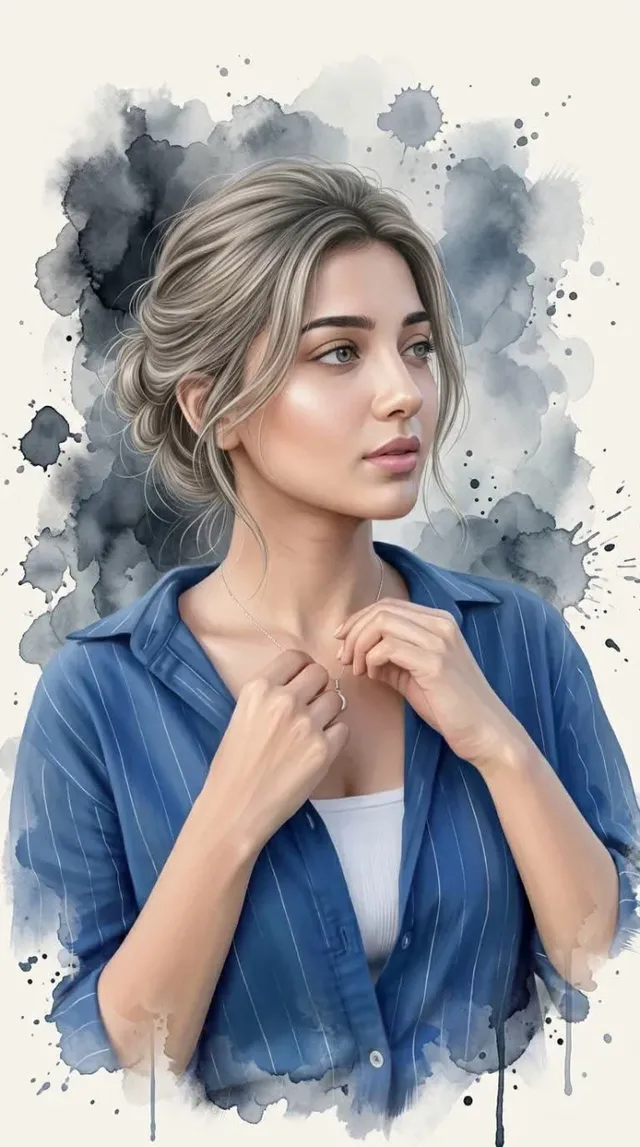 Ultra-premium fine-art digital portrait with painterly realism, elegant brushwork, and a sophisticated muted color palette. The subject has highly detailed ash-blonde hair and luminous porcelain skin, set against an abstract watercolor backdrop.