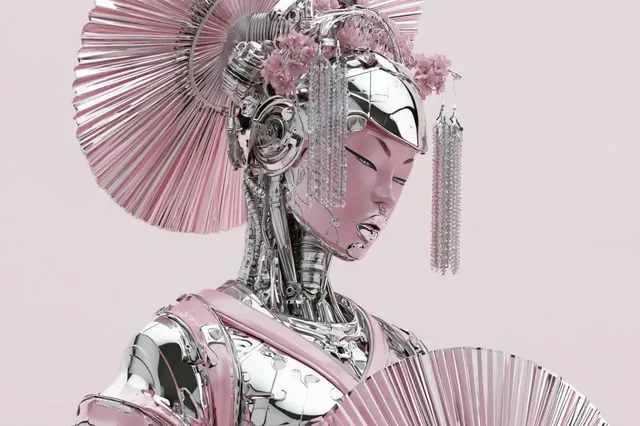A hyper-realistic android portrait with polished chrome surfaces, exposed servos, and mirror-finish alloy plating, rendered in a sleek industrial color scheme with sharp specular highlights.