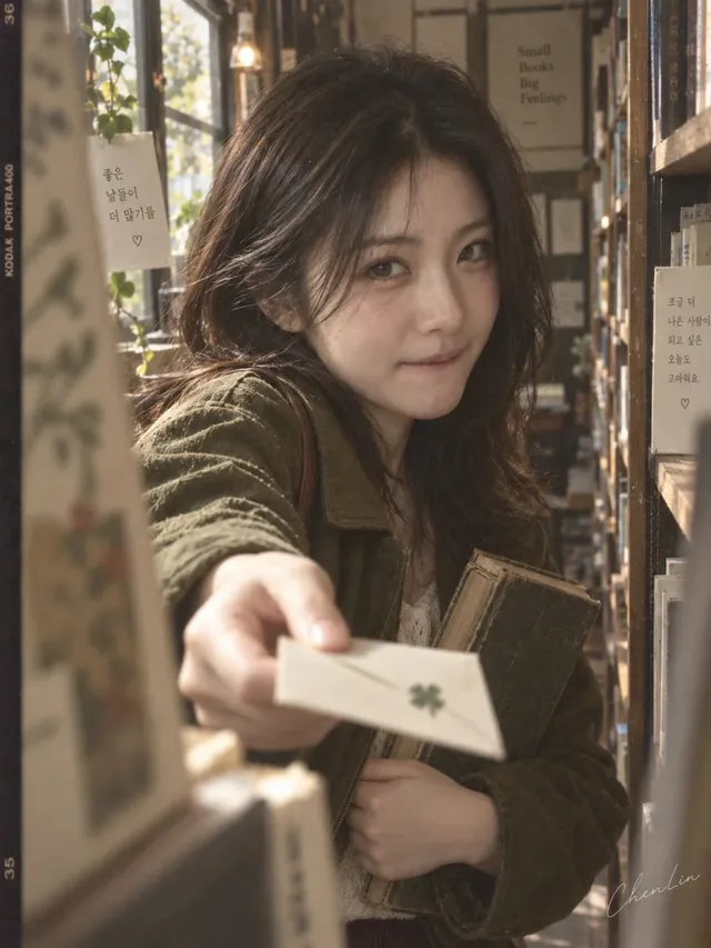 A young East Asian woman with soft eyes and slightly messy brown hair, wearing an olive green jacket and cream top, stands in a narrow bookstore aisle. She leans forward, offering a folded cream note with a small clover design towards the camera with her right hand, while holding a green book with her left. Soft natural light highlights her face, hair, and the note, creating a vintage, candid feel with film grain.