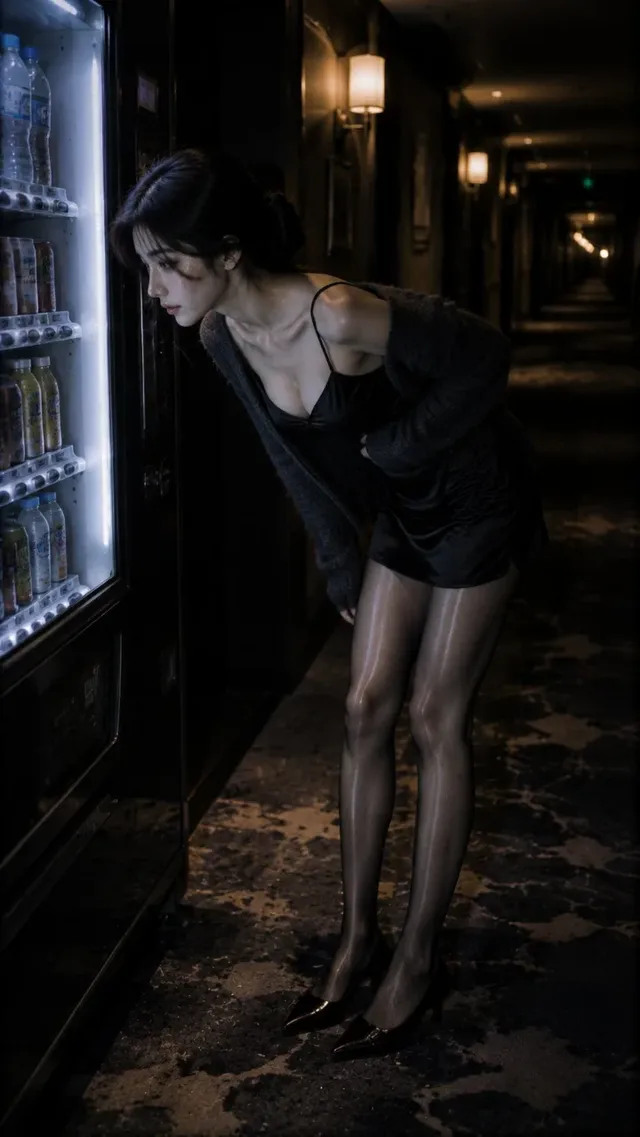 Young East Asian woman with a cold, elegant face and dark hair, wearing a black slip dress and grey cardigan, bending over a hotel vending machine in a dimly lit corridor. Soft, dramatic lighting highlights her features and body.