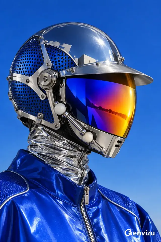 A fashion model, face obscured by a complex, experimental metallic helmet with a mirrored chrome dome and iridescent visor, against a clean blue background. Sharp highlights and deep shadows define the industrial design.