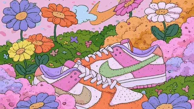 Nike sneakers surrounded by colorful flowers in a whimsical illustration style