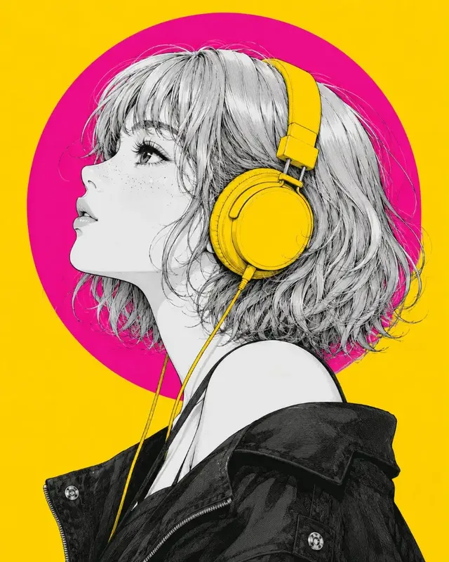 Ultra-detailed modern anime portrait of a young woman in profile, silver hair, yellow headphones, black jacket, on a yellow background with a neon magenta circular halo. Crisp linework and pop-art colors.
