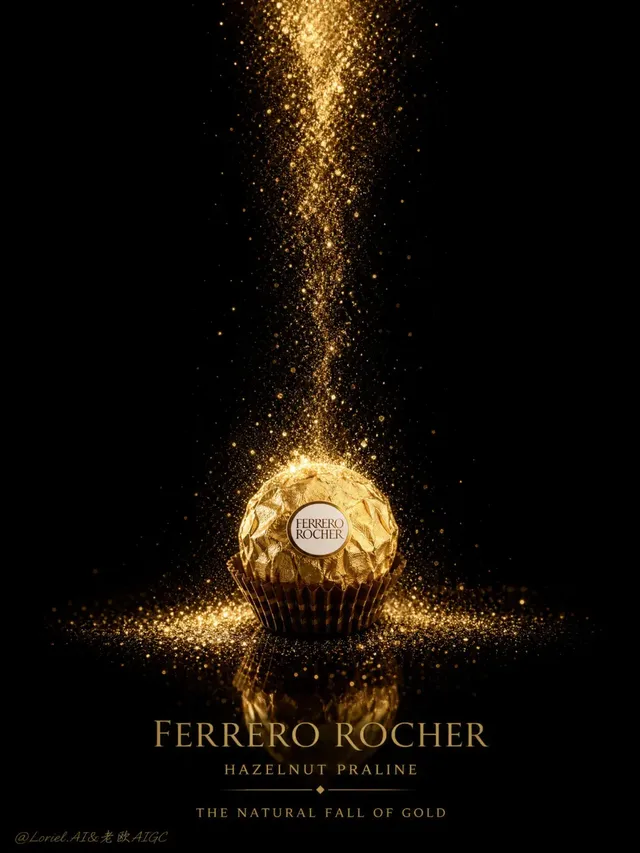 A single Ferrero Rocher praline rests on a dark reflective surface, with a controlled, tapering stream of fine golden particles falling from above, creating a micro-burst on impact.
