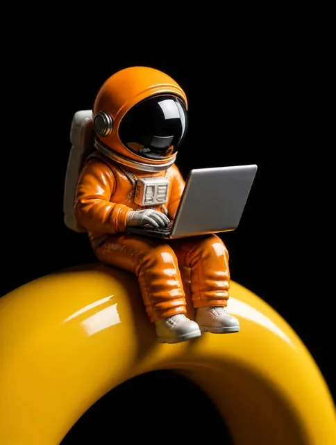 Miniature astronaut in an orange suit with a silver laptop, sitting on a yellow curved surface, illuminated by dramatic rim lighting against a black background.
